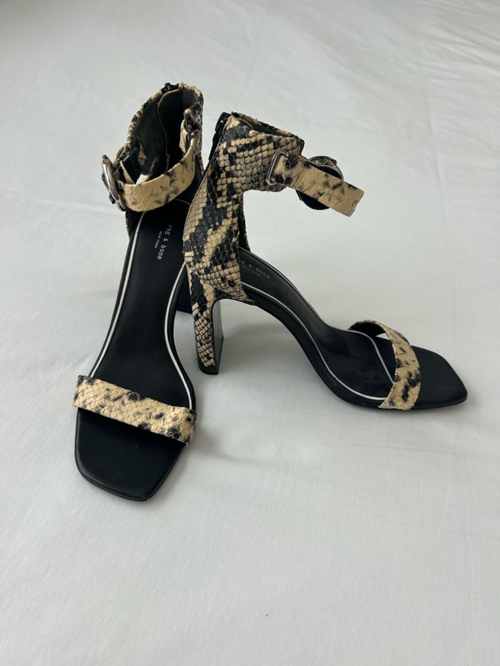 Rag & Bone, Snakeskin Ankle Strap High Heel Sandals - Black & Beige